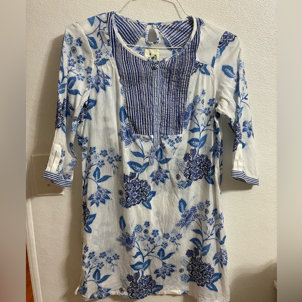 Anthropologie Boho Tunic Mermaid Holly Print Blouse Blue/White Sz XS